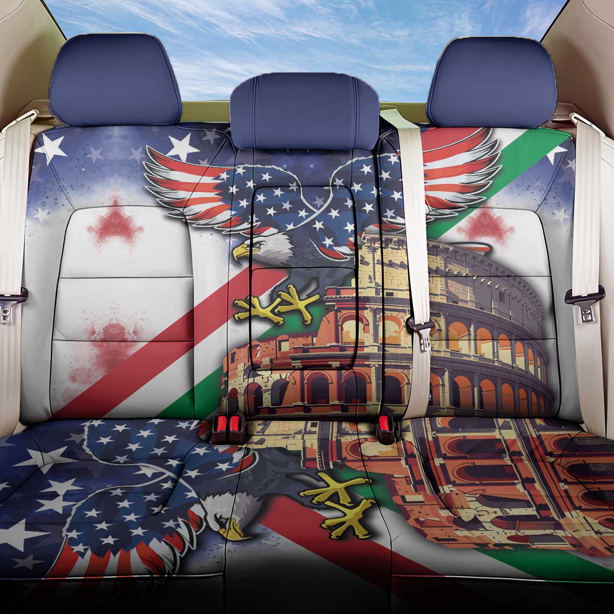 Italian American Heritage Month Back Car Seat Cover USA Eagle and The Colosseum with National Flag - Wonder Print Shop