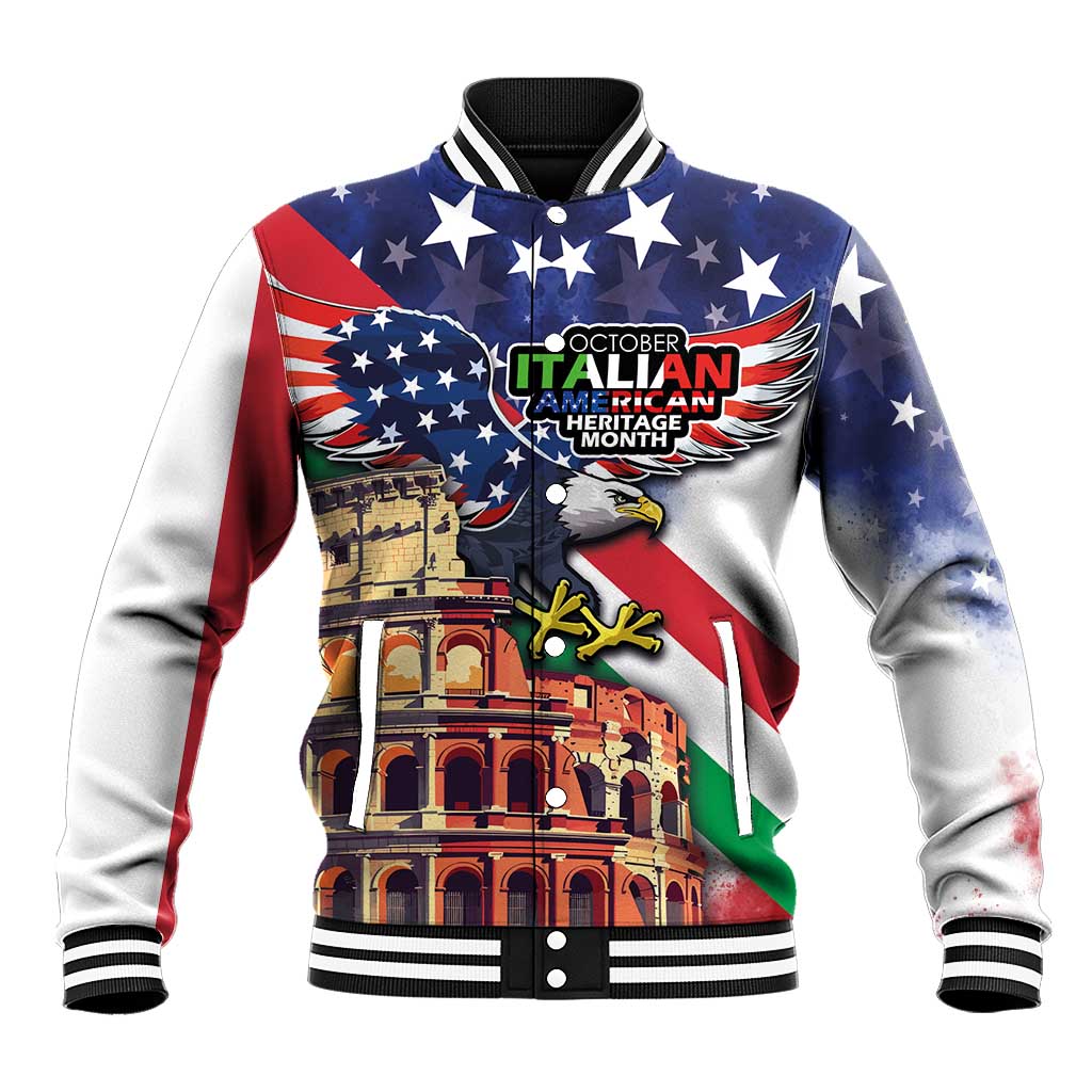 Italian American Heritage Month Baseball Jacket USA Eagle and The Colosseum with National Flag - Wonder Print Shop