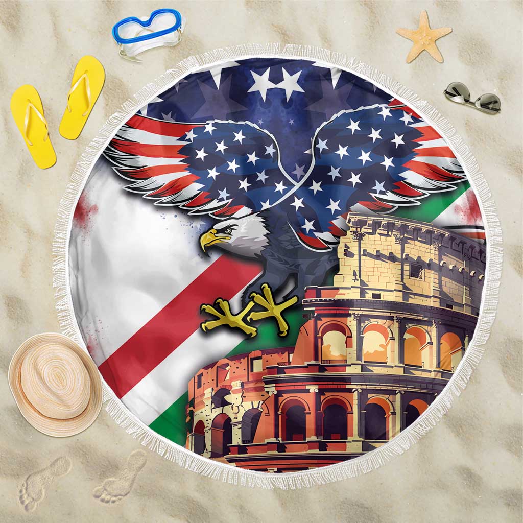 Round beach blanket with white fringe featuring USA eagle wings, Colosseum and flag art