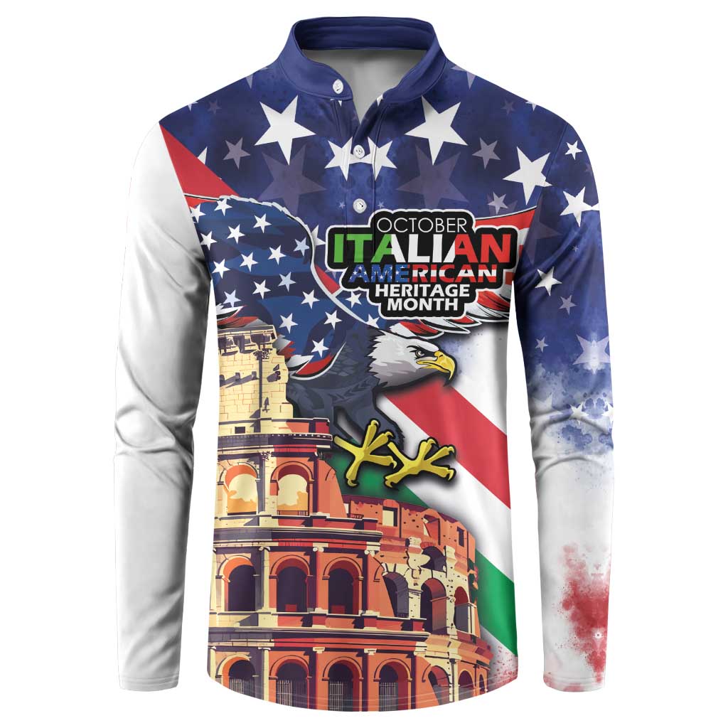 Button-front sweatshirt with eagle, stars, Colosseum print, and Italian/US flag colors.