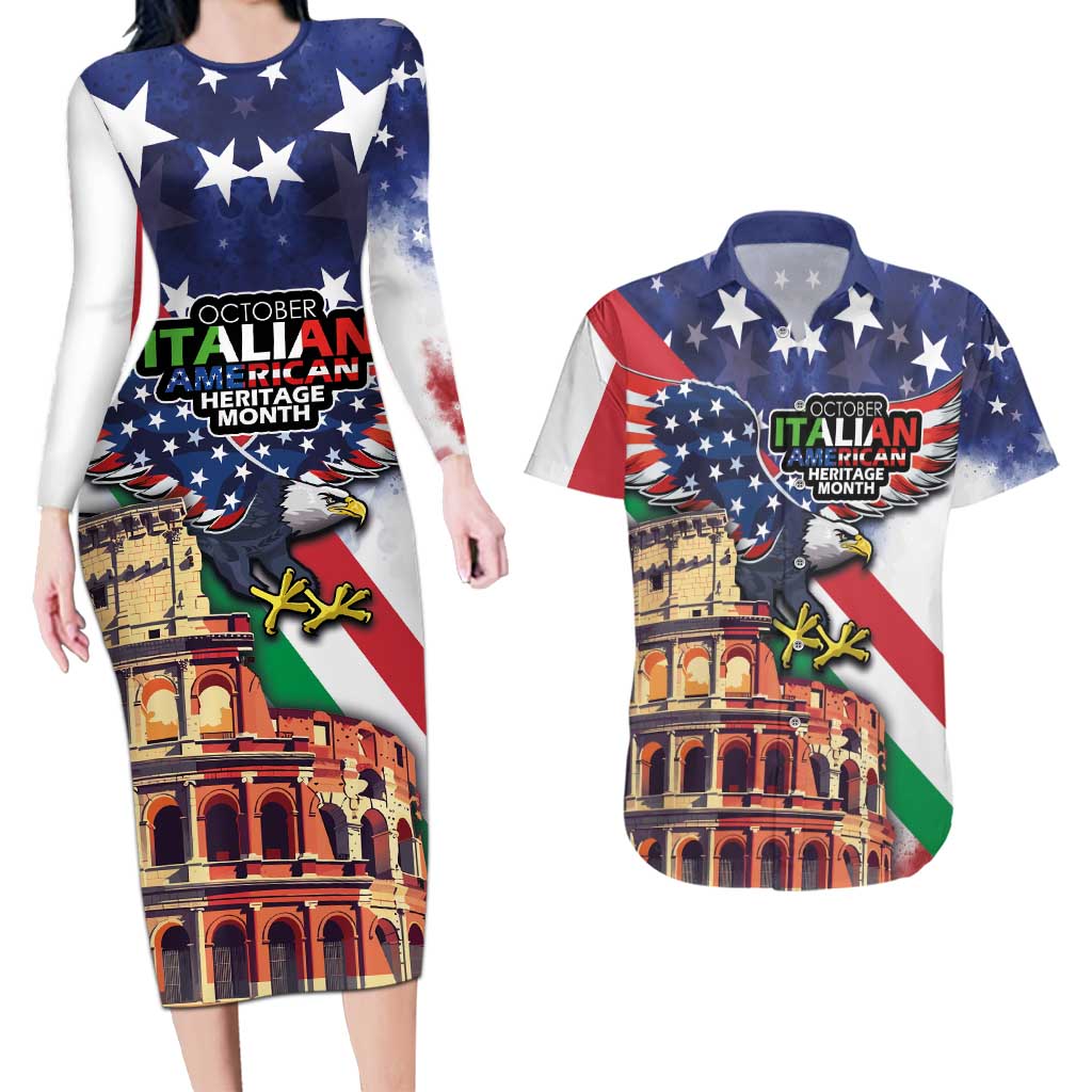 Italian American Heritage Month Couples Matching Long Sleeve Bodycon Dress and Hawaiian Shirt USA Eagle and The Colosseum with National Flag - Wonder Print Shop