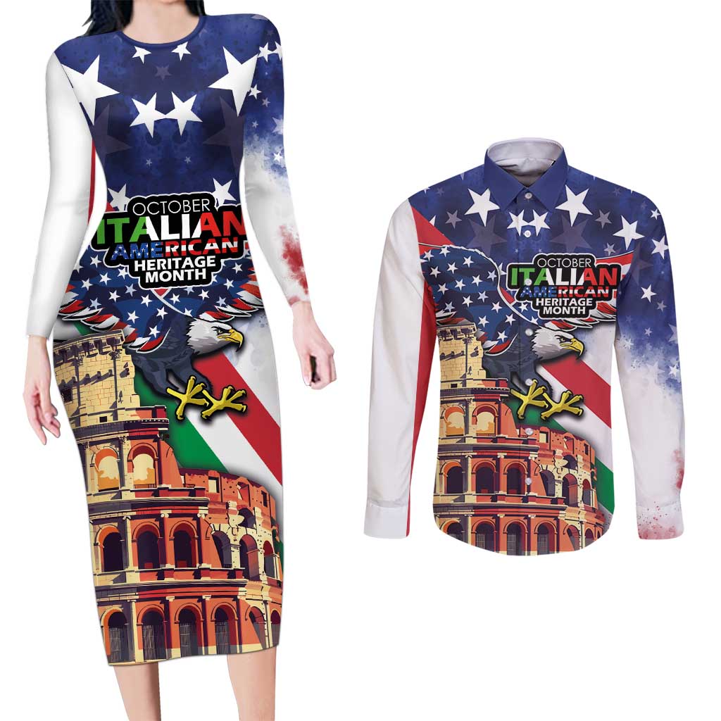 Italian American Heritage Month Couples Matching Long Sleeve Bodycon Dress and Long Sleeve Button Shirt USA Eagle and The Colosseum with National Flag - Wonder Print Shop