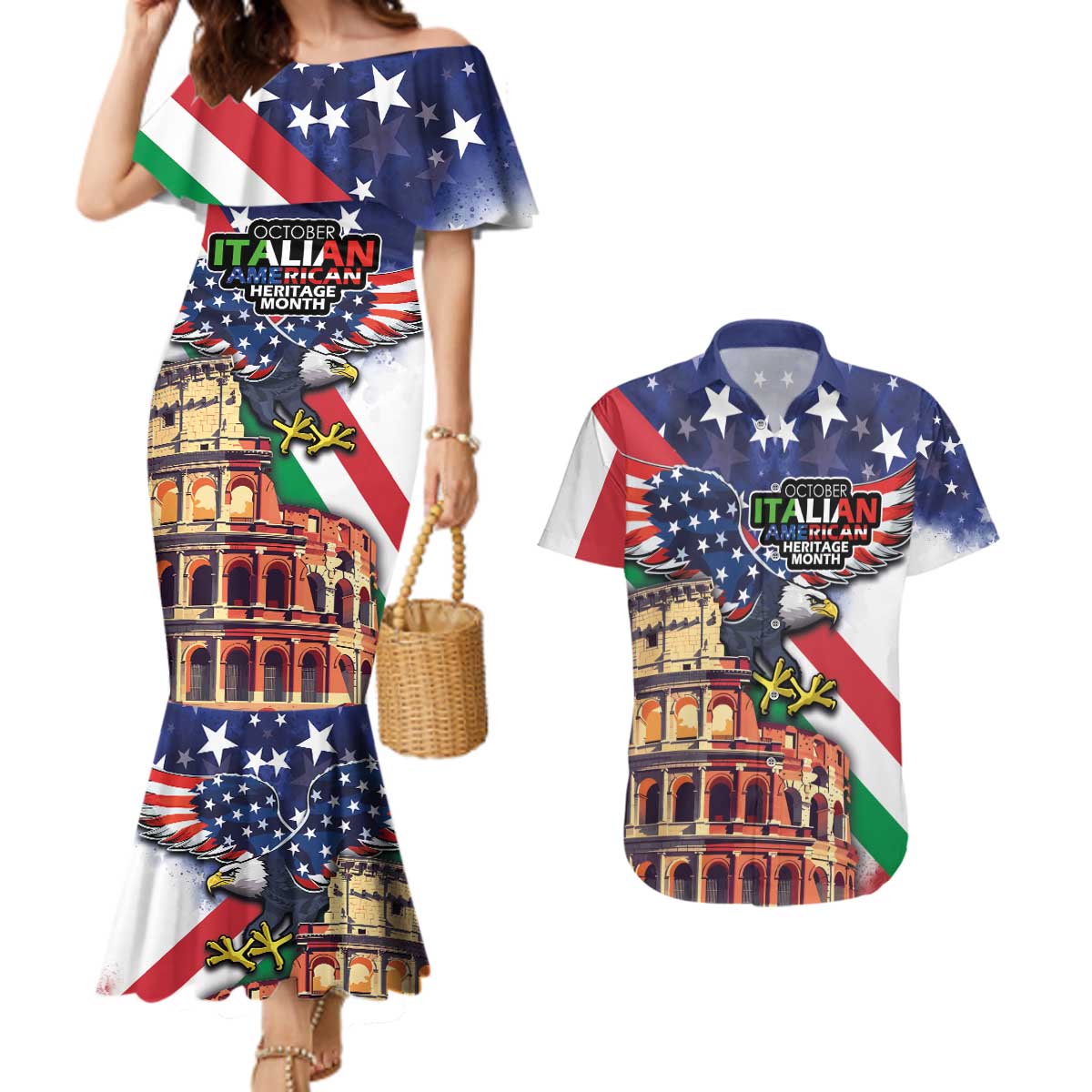 Italian American Heritage Month Couples Matching Mermaid Dress and Hawaiian Shirt USA Eagle and The Colosseum with National Flag - Wonder Print Shop