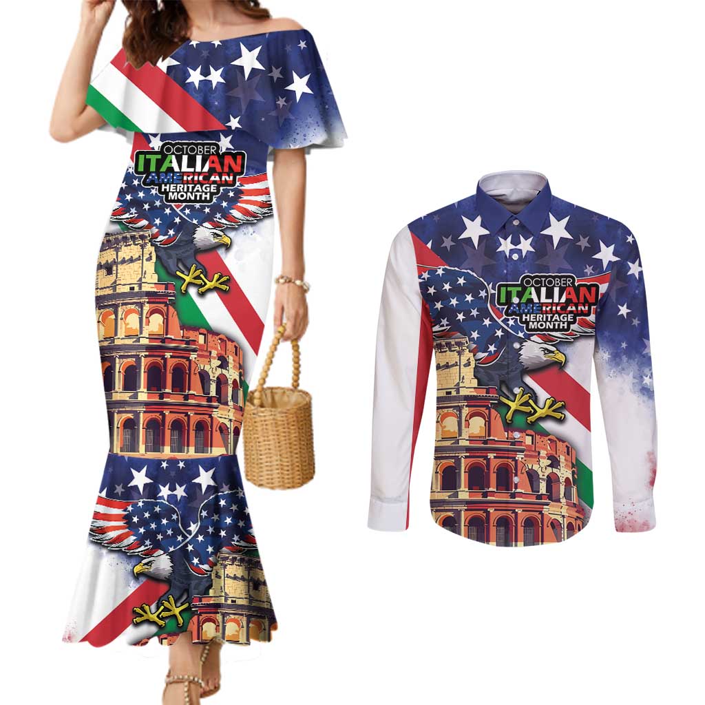 Italian American Heritage Month Couples Matching Mermaid Dress and Long Sleeve Button Shirt USA Eagle and The Colosseum with National Flag