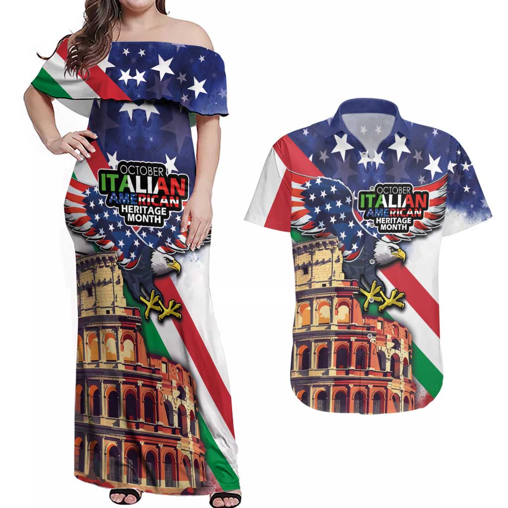 Italian American Heritage Month Couples Matching Off Shoulder Maxi Dress and Hawaiian Shirt USA Eagle and The Colosseum with National Flag - Wonder Print Shop