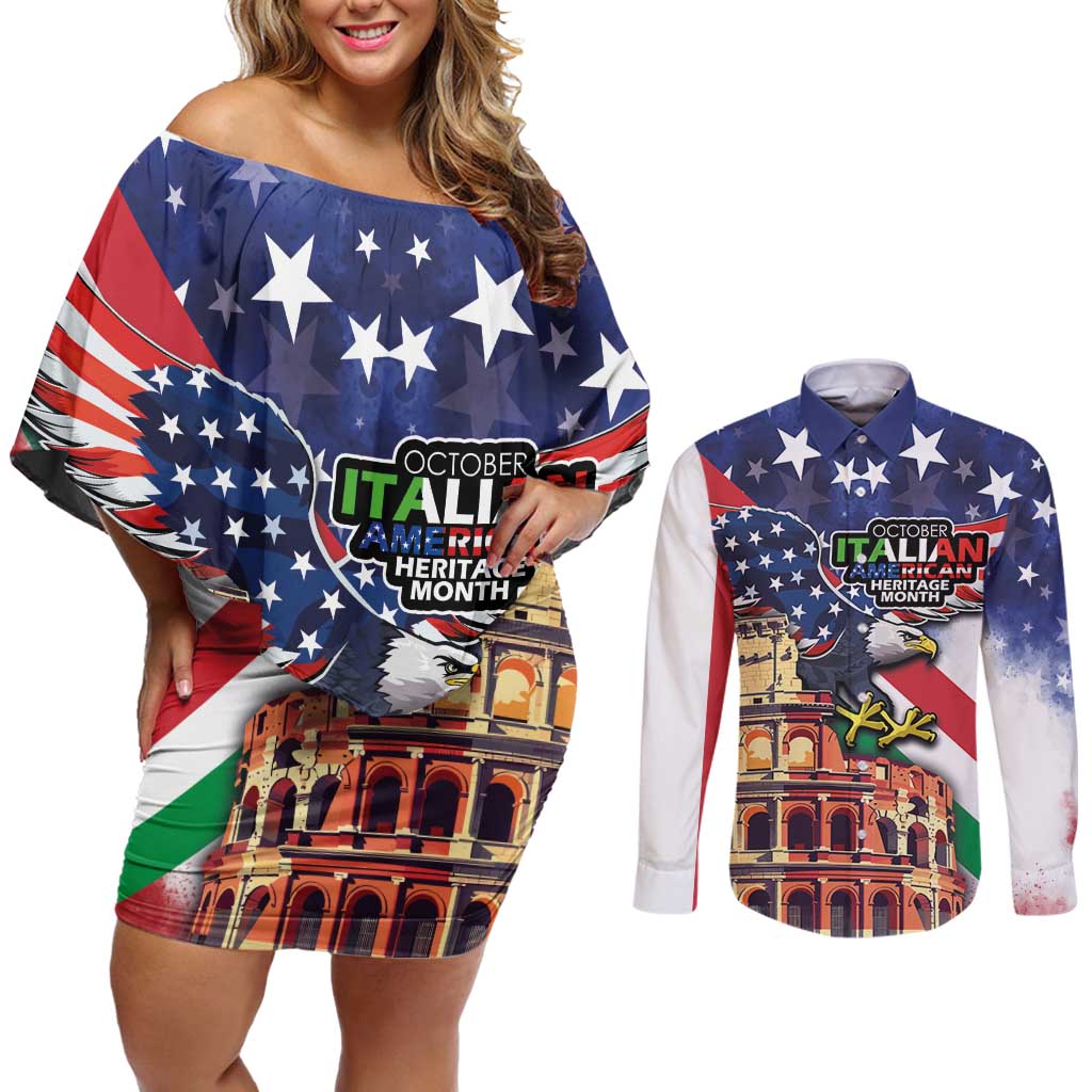 Italian American Heritage Month Couples Matching Off Shoulder Short Dress and Long Sleeve Button Shirt USA Eagle and The Colosseum with National Flag - Wonder Print Shop