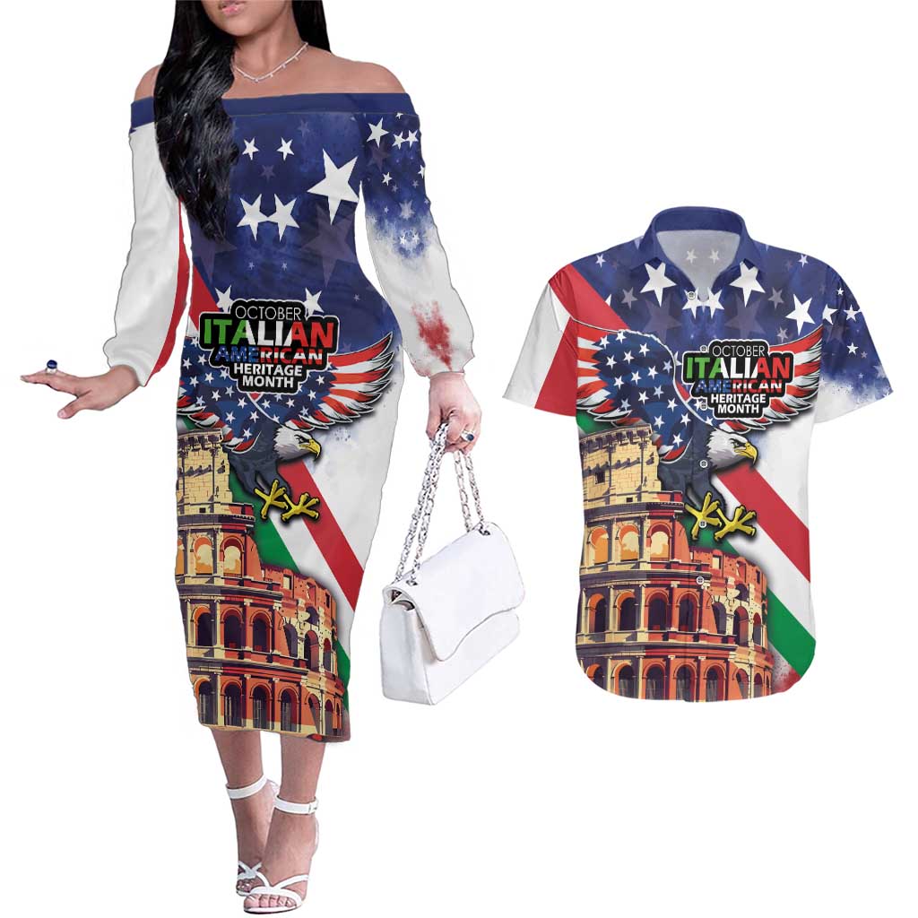 Italian American Heritage Month Couples Matching Off The Shoulder Long Sleeve Dress and Hawaiian Shirt USA Eagle and The Colosseum with National Flag - Wonder Print Shop