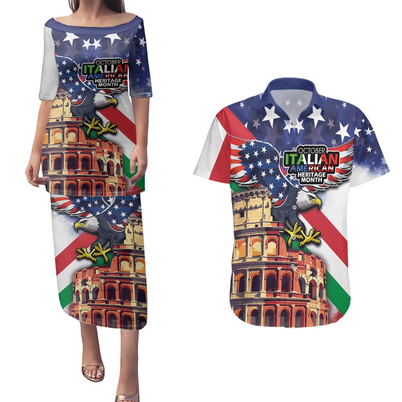 Italian American Heritage Month Couples Matching Puletasi and Hawaiian Shirt USA Eagle and The Colosseum with National Flag - Wonder Print Shop