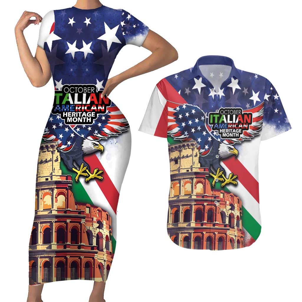 Italian American Heritage Month Couples Matching Short Sleeve Bodycon Dress and Hawaiian Shirt USA Eagle and The Colosseum with National Flag - Wonder Print Shop