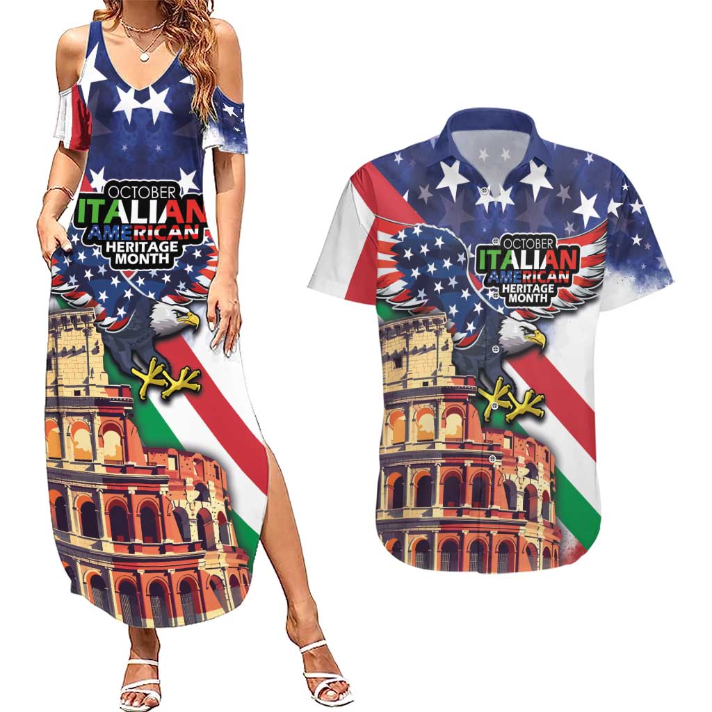 Italian American Heritage Month Couples Matching Summer Maxi Dress and Hawaiian Shirt USA Eagle and The Colosseum with National Flag - Wonder Print Shop