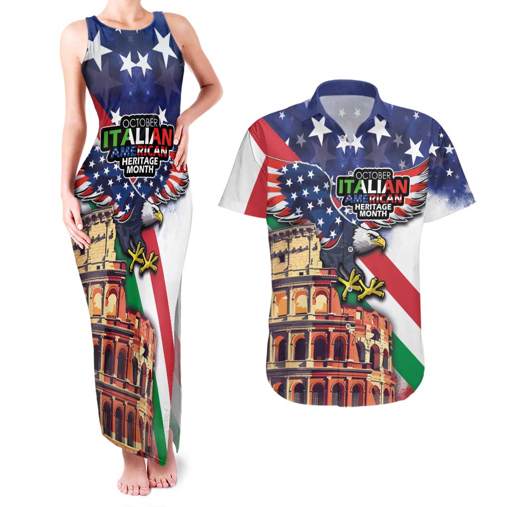 Italian American Heritage Month Couples Matching Tank Maxi Dress and Hawaiian Shirt USA Eagle and The Colosseum with National Flag - Wonder Print Shop