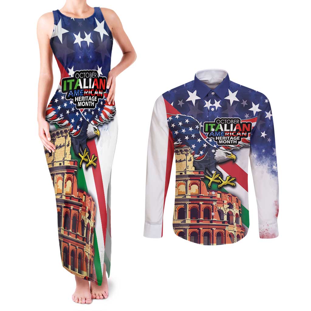 Italian American Heritage Month Couples Matching Tank Maxi Dress and Long Sleeve Button Shirt USA Eagle and The Colosseum with National Flag - Wonder Print Shop