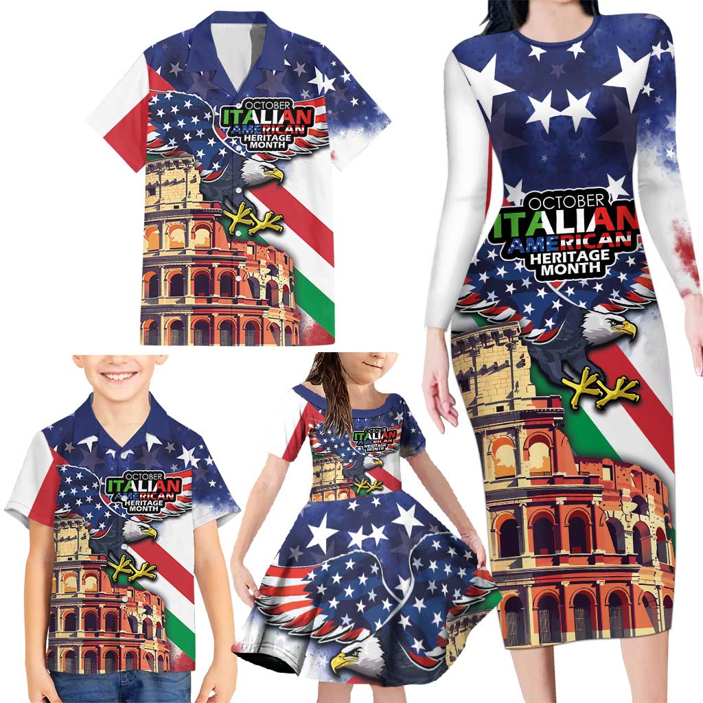 Italian American Heritage Month Family Matching Long Sleeve Bodycon Dress and Hawaiian Shirt USA Eagle and The Colosseum with National Flag - Wonder Print Shop