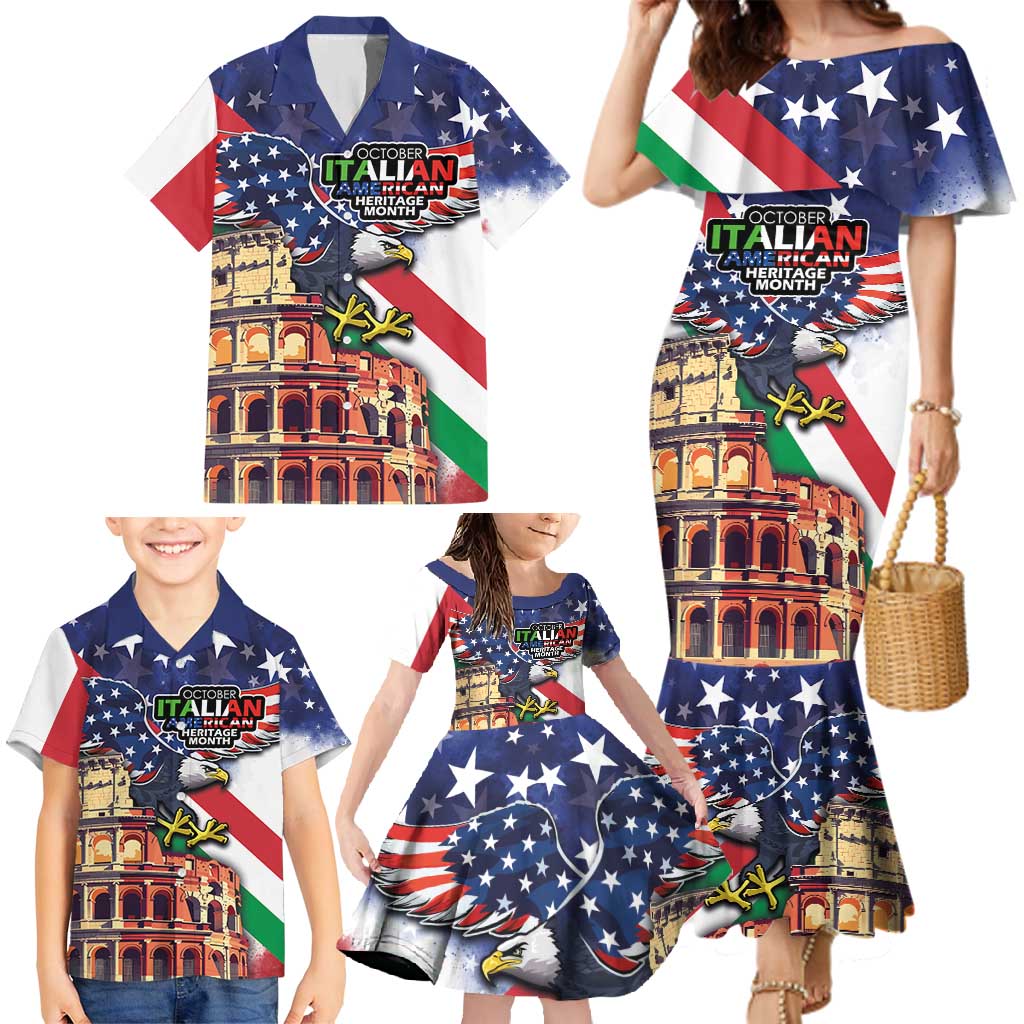 Italian American Heritage Month Family Matching Mermaid Dress and Hawaiian Shirt USA Eagle and The Colosseum with National Flag - Wonder Print Shop