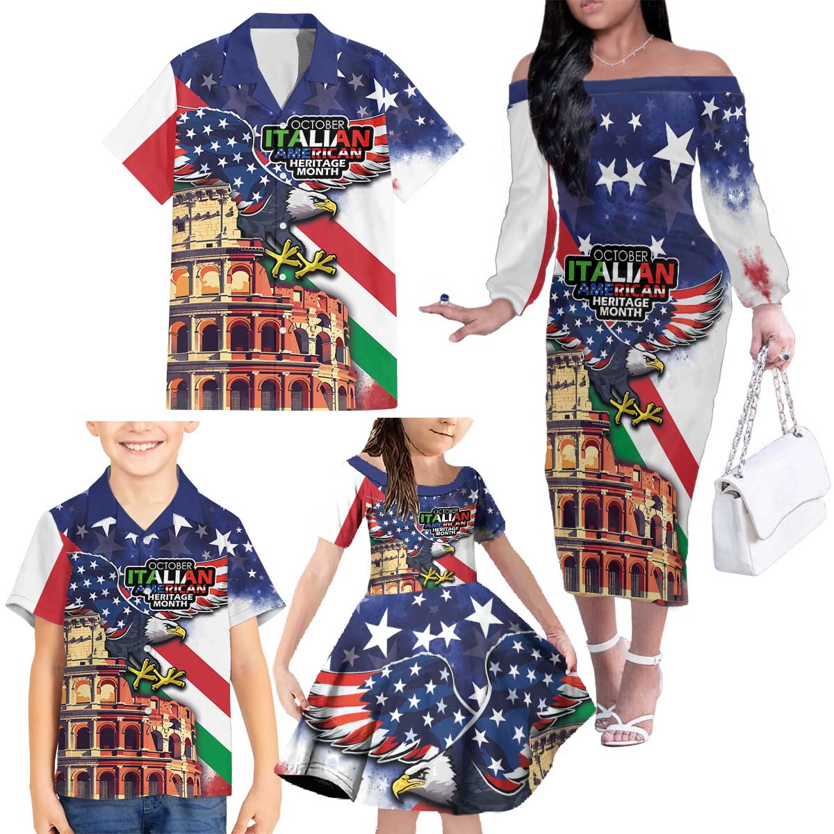 Italian American Heritage Month Family Matching Off The Shoulder Long Sleeve Dress and Hawaiian Shirt USA Eagle and The Colosseum with National Flag - Wonder Print Shop