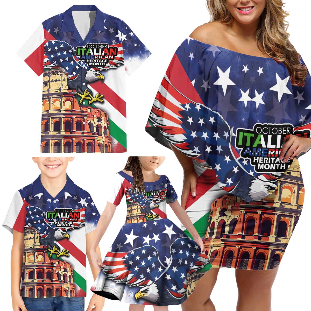 Italian American Heritage Month Family Matching Off Shoulder Short Dress and Hawaiian Shirt USA Eagle and The Colosseum with National Flag - Wonder Print Shop