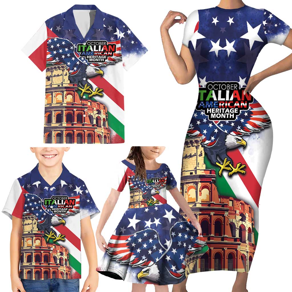 Italian American Heritage Month Family Matching Short Sleeve Bodycon Dress and Hawaiian Shirt USA Eagle and The Colosseum with National Flag - Wonder Print Shop