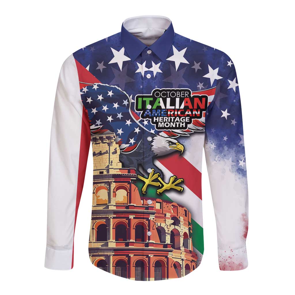 Italian American Heritage Month Long Sleeve Button Shirt USA Eagle and The Colosseum with National Flag - Wonder Print Shop