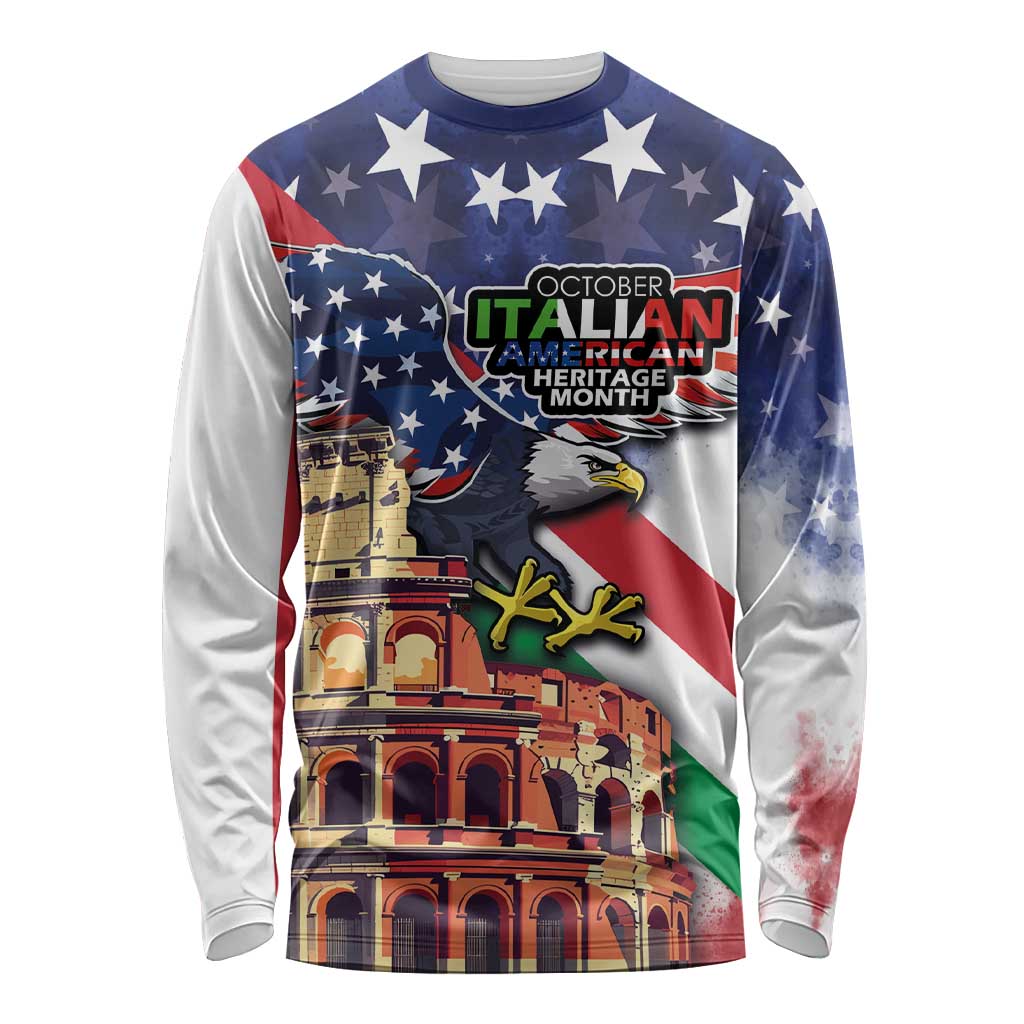 Italian American Heritage Month Long Sleeve Shirt USA Eagle and The Colosseum with National Flag - Wonder Print Shop