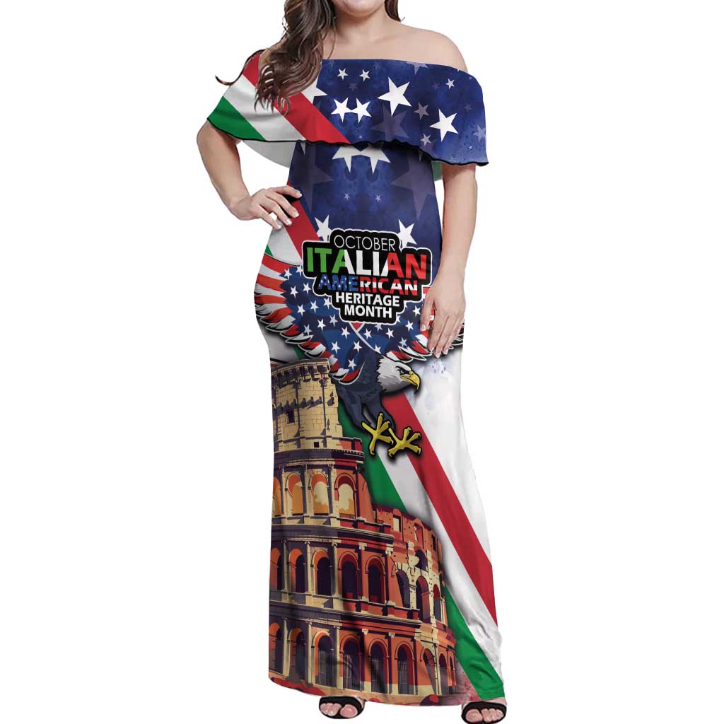 Italian American Heritage Month Off Shoulder Maxi Dress USA Eagle and The Colosseum with National Flag - Wonder Print Shop