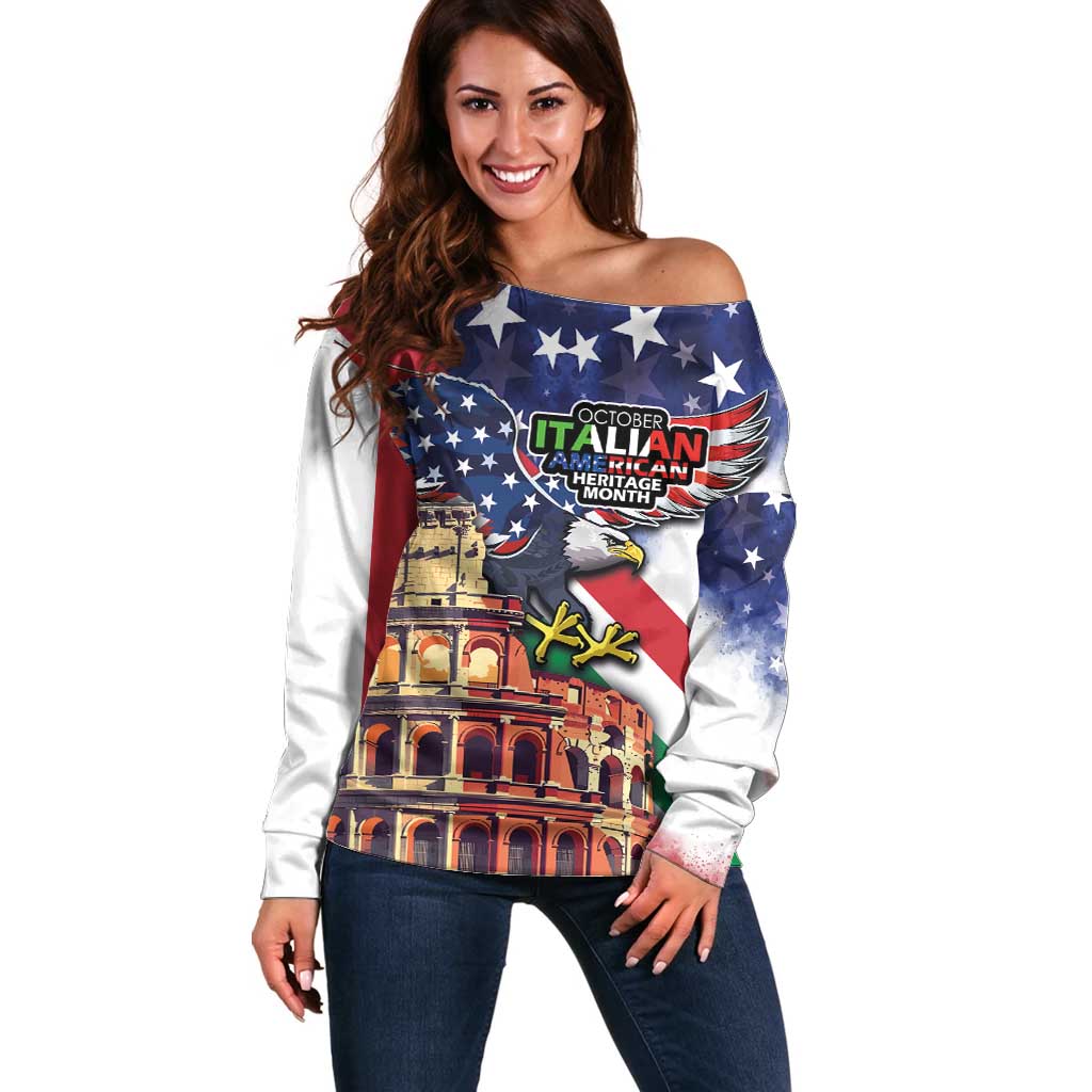 Italian American Heritage Month Off Shoulder Sweater USA Eagle and The Colosseum with National Flag - Wonder Print Shop