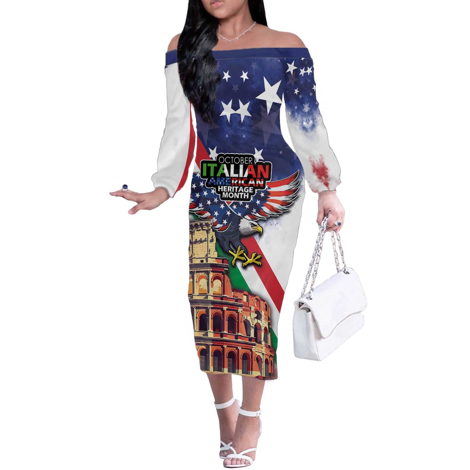 Italian American Heritage Month Off The Shoulder Long Sleeve Dress USA Eagle and The Colosseum with National Flag - Wonder Print Shop