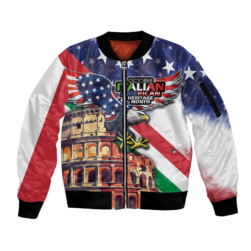 Italian American Heritage Month Sleeve Zip Bomber Jacket USA Eagle and The Colosseum with National Flag