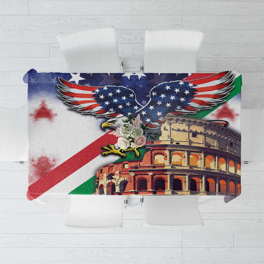 White tablecloth with U.S. flag eagle wings and Colosseum print centerpiece