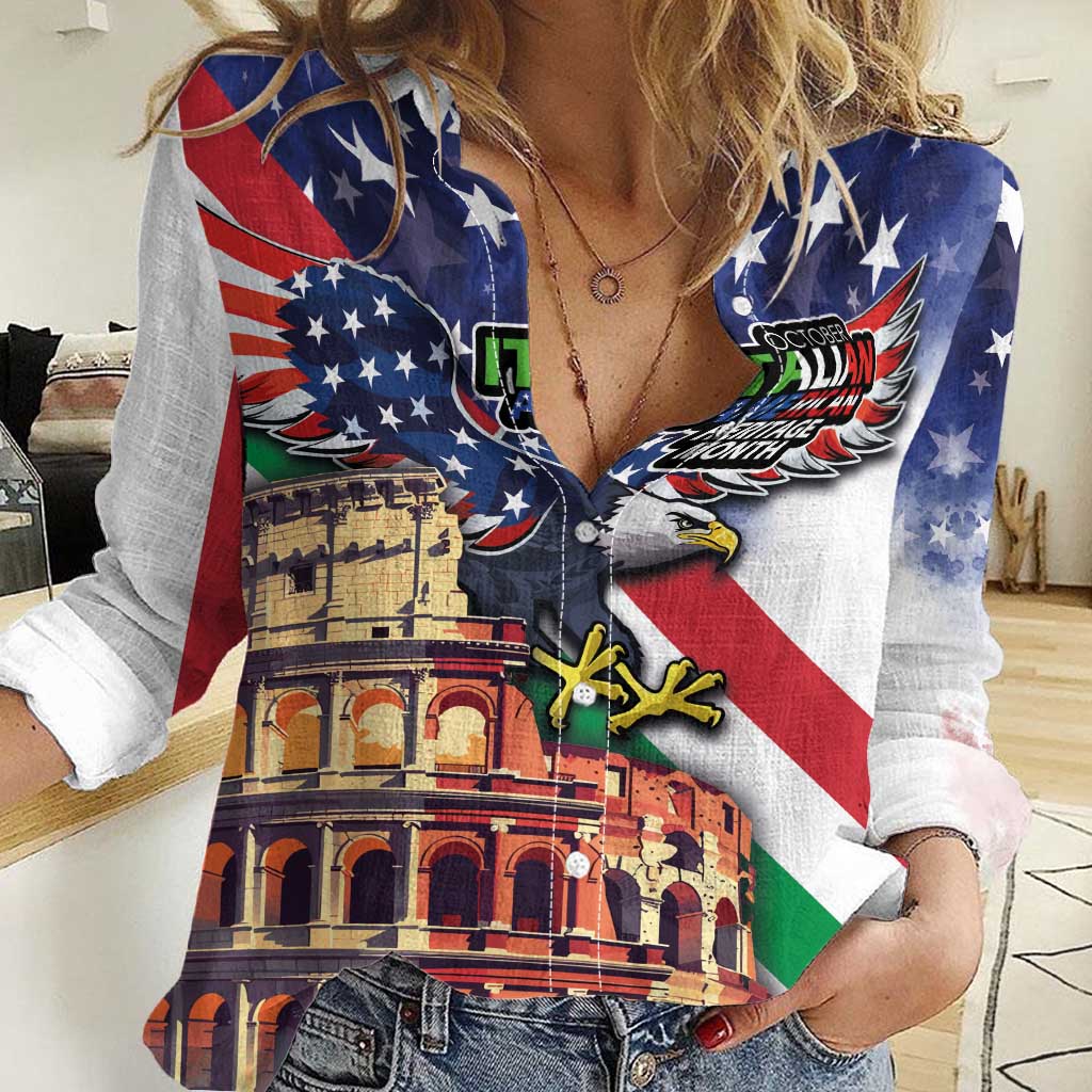 Italian American Heritage Month Women Casual Shirt USA Eagle and The Colosseum with National Flag