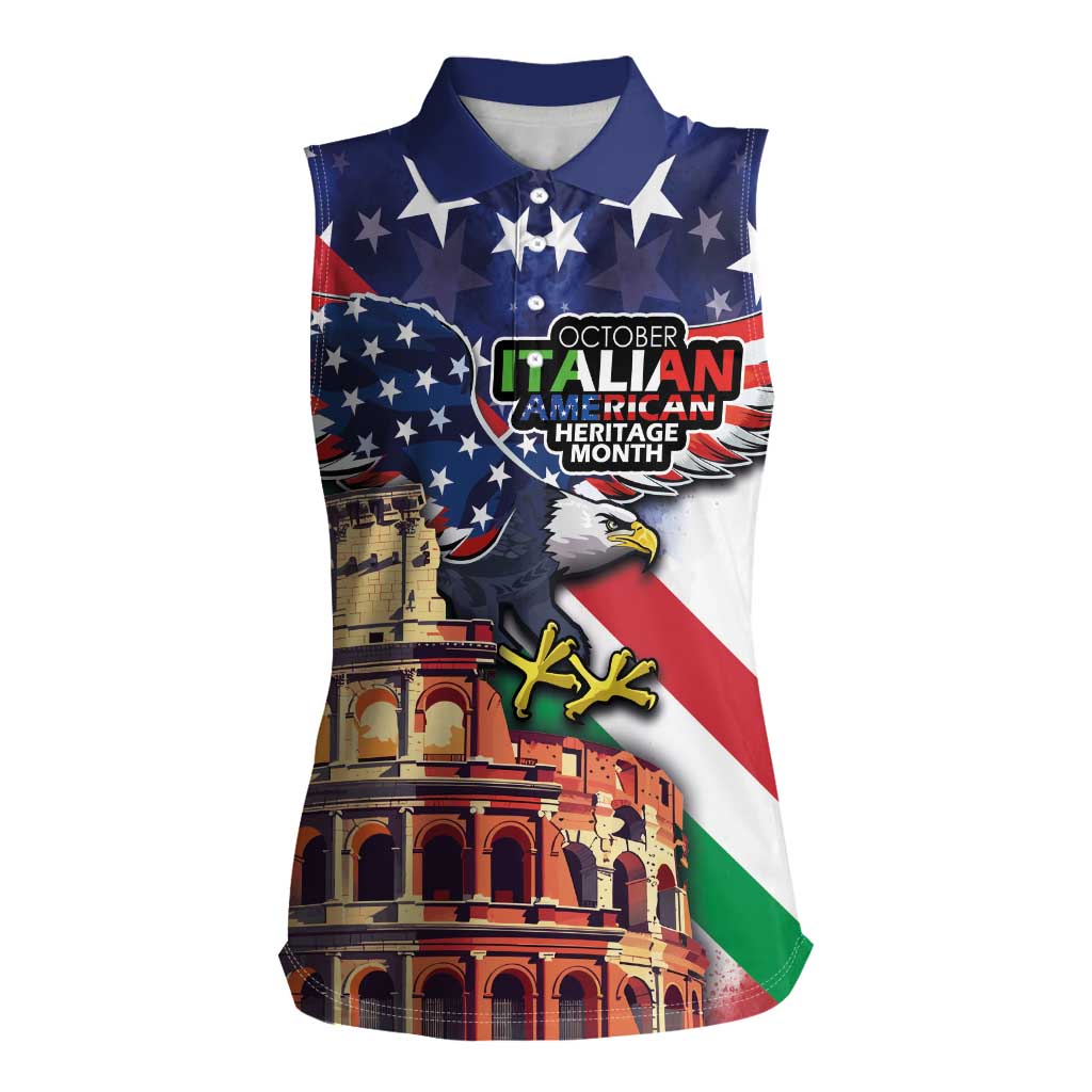 Italian American Heritage Month Women Sleeveless Polo Shirt USA Eagle and The Colosseum with National Flag