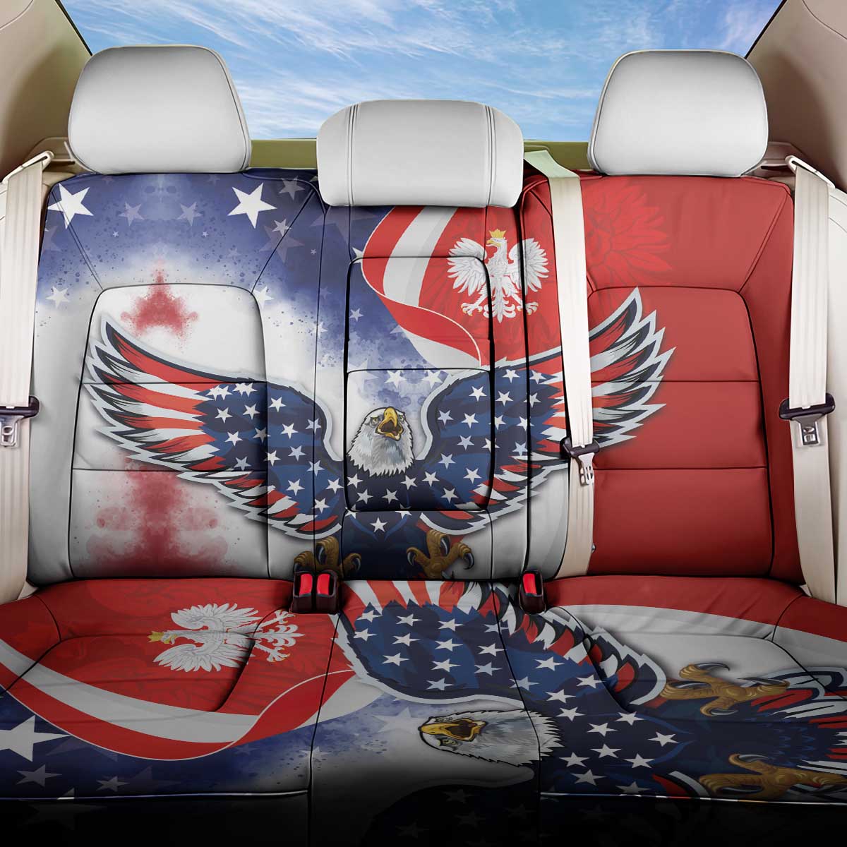 Polish American Heritage Month Back Car Seat Cover USA Eagle and Poland Eagle with National Flag - Wonder Print Shop