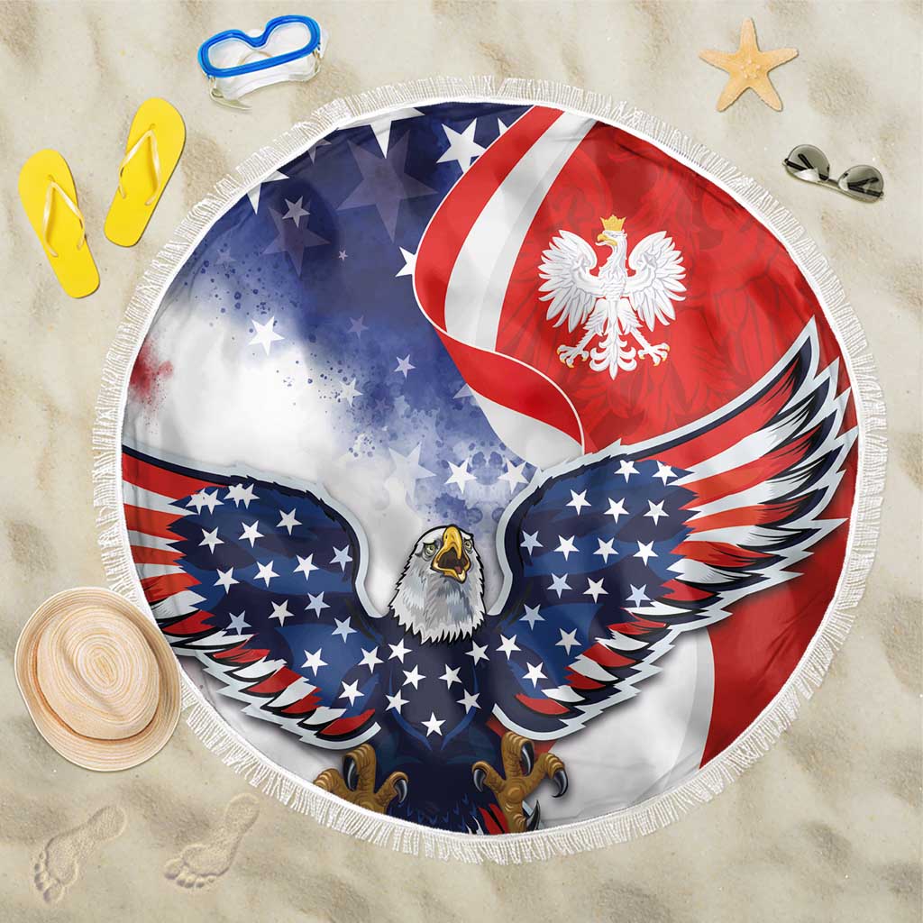 Round beach blanket with fringe, eagle wing flag graphic in blue, red, and white