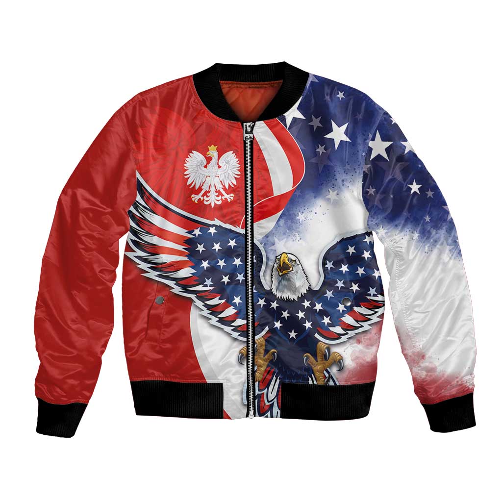 Unisex bomber jacket, front graphic with Polish eagle, USA eagle, red/blue panels, ribbed cuffs