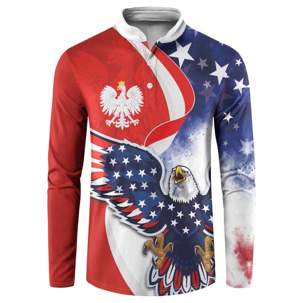 Tri-color long-sleeve button sweatshirt, front view with eagle and flag artwork