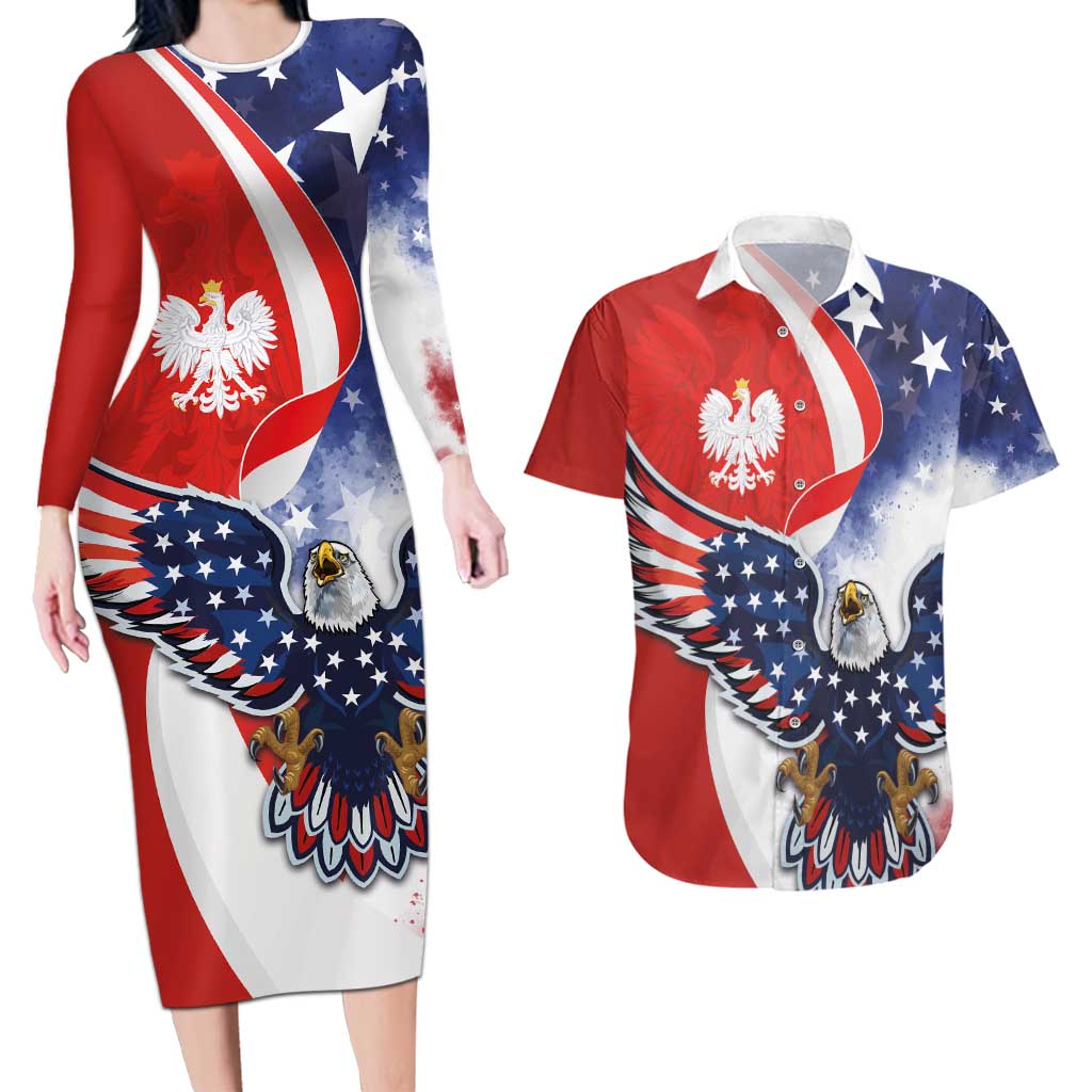 Polish American Heritage Month Couples Matching Long Sleeve Bodycon Dress and Hawaiian Shirt USA Eagle and Poland Eagle with National Flag - Wonder Print Shop