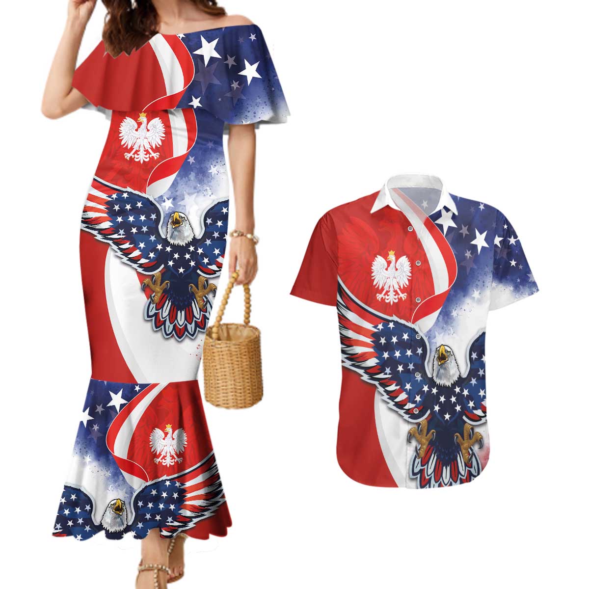 Polish American Heritage Month Couples Matching Mermaid Dress and Hawaiian Shirt USA Eagle and Poland Eagle with National Flag - Wonder Print Shop