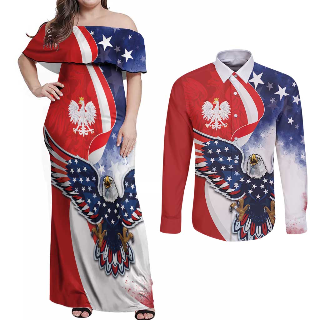 Polish American Heritage Month Couples Matching Off Shoulder Maxi Dress and Long Sleeve Button Shirt USA Eagle and Poland Eagle with National Flag - Wonder Print Shop