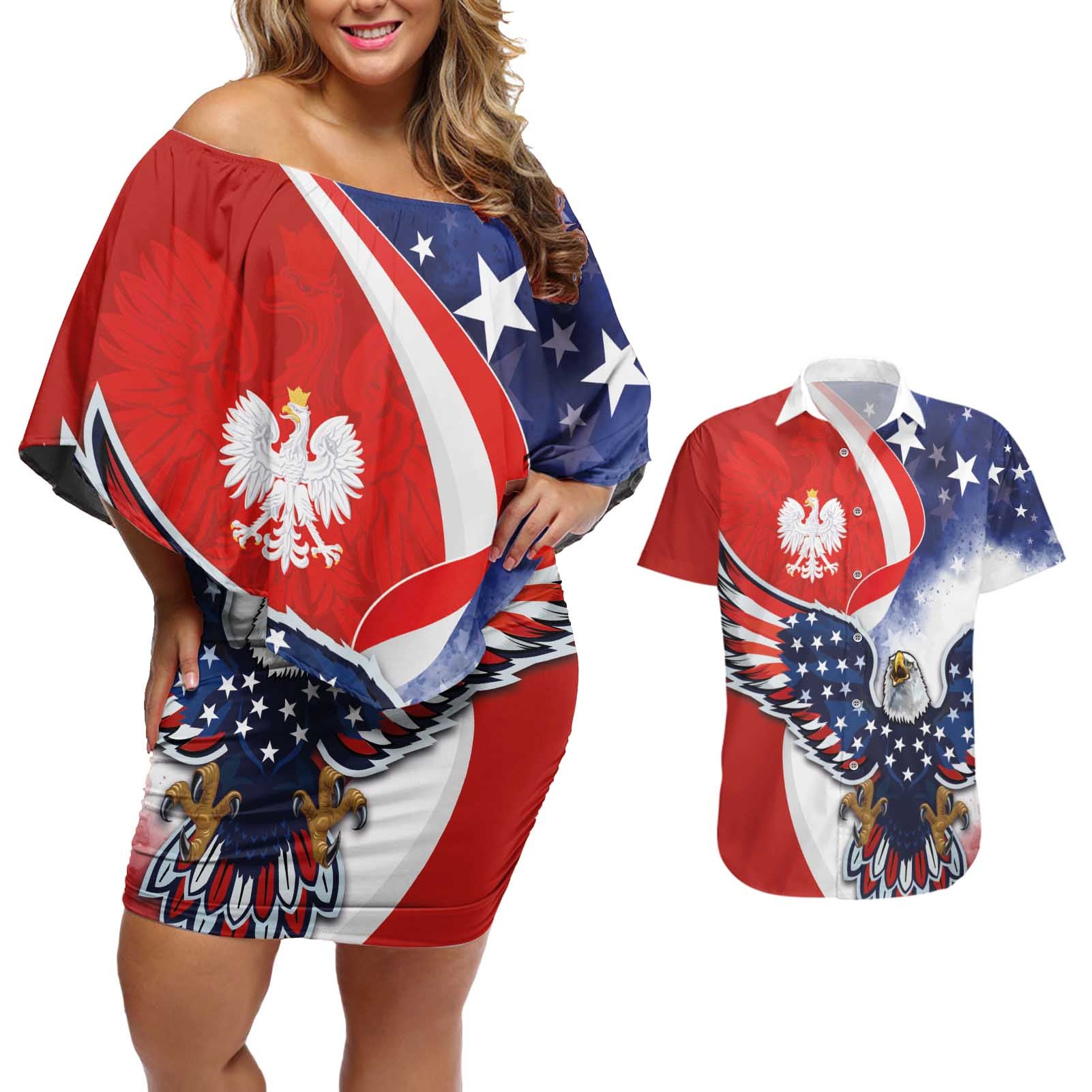 Polish American Heritage Month Couples Matching Off Shoulder Short Dress and Hawaiian Shirt USA Eagle and Poland Eagle with National Flag - Wonder Print Shop