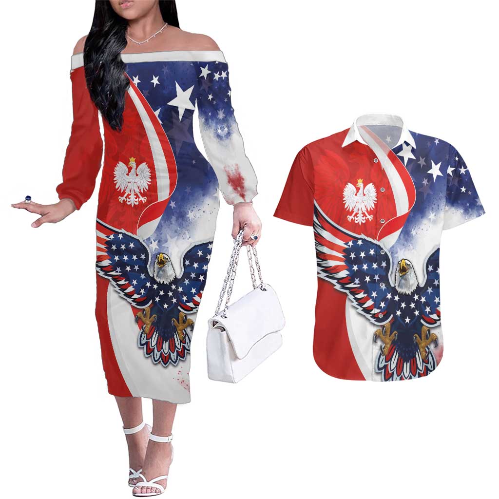 Polish American Heritage Month Couples Matching Off The Shoulder Long Sleeve Dress and Hawaiian Shirt USA Eagle and Poland Eagle with National Flag - Wonder Print Shop