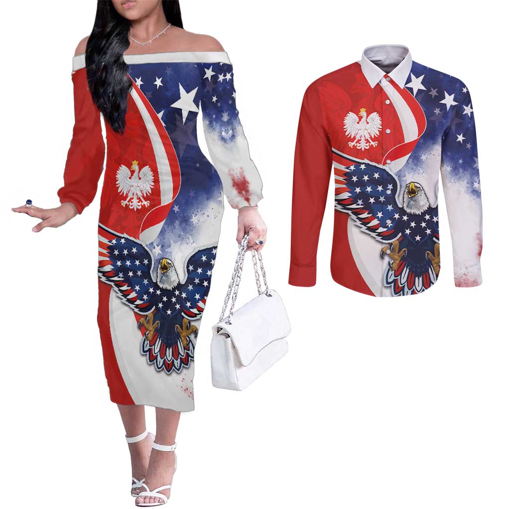 Polish American Heritage Month Couples Matching Off The Shoulder Long Sleeve Dress and Long Sleeve Button Shirt USA Eagle and Poland Eagle with National Flag