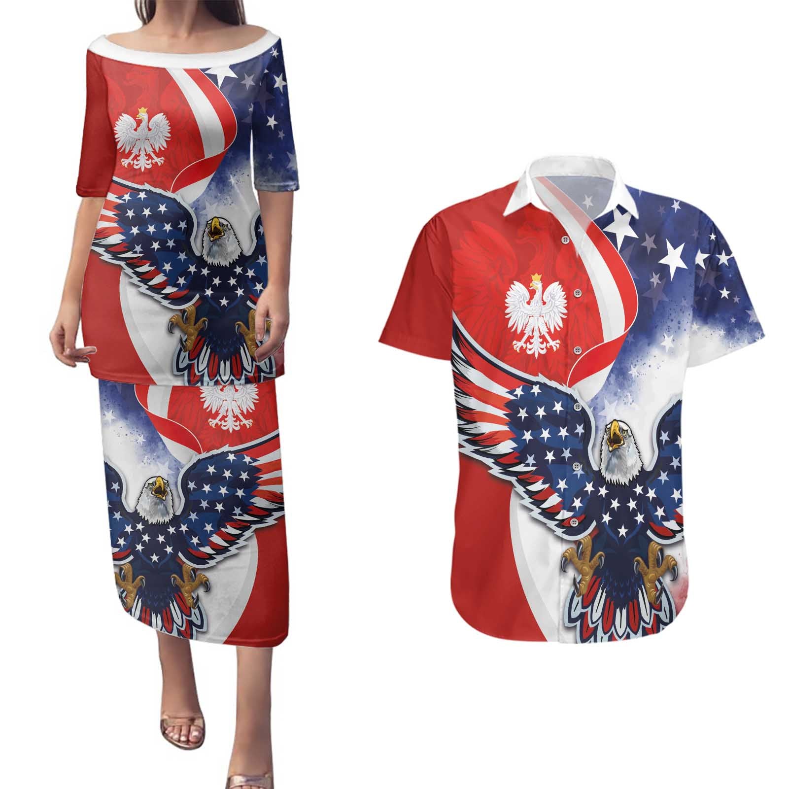 Polish American Heritage Month Couples Matching Puletasi and Hawaiian Shirt USA Eagle and Poland Eagle with National Flag - Wonder Print Shop