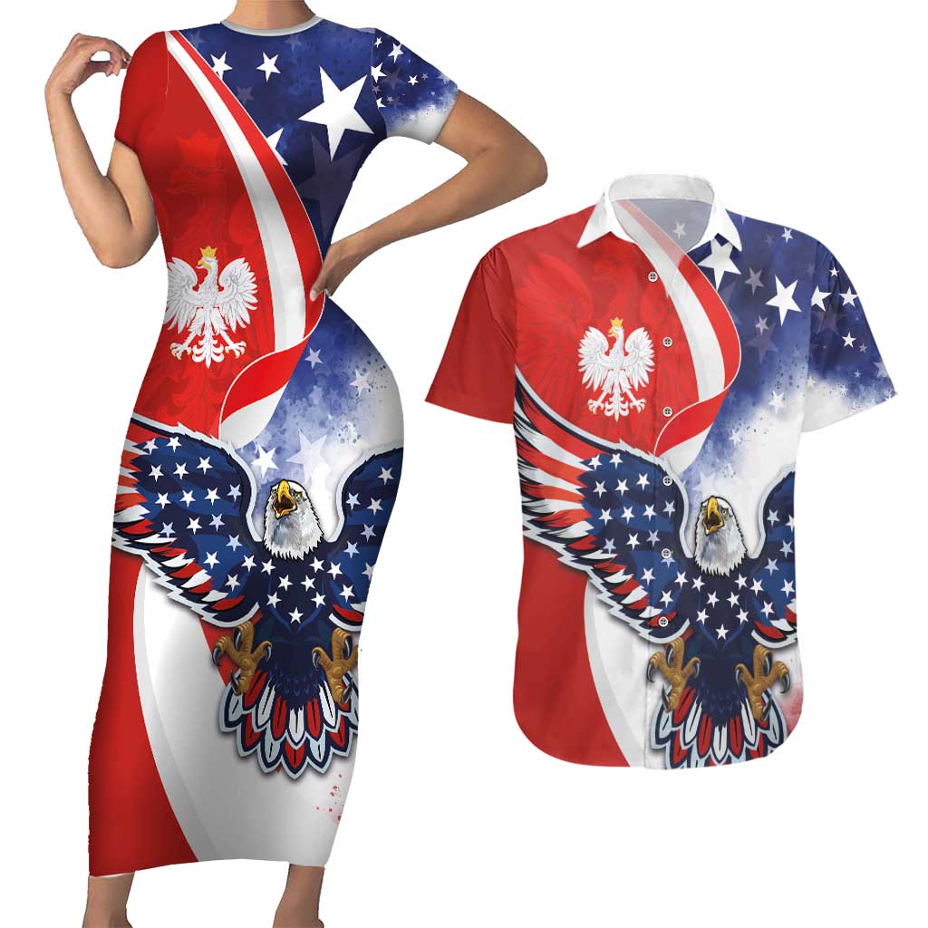 Polish American Heritage Month Couples Matching Short Sleeve Bodycon Dress and Hawaiian Shirt USA Eagle and Poland Eagle with National Flag - Wonder Print Shop