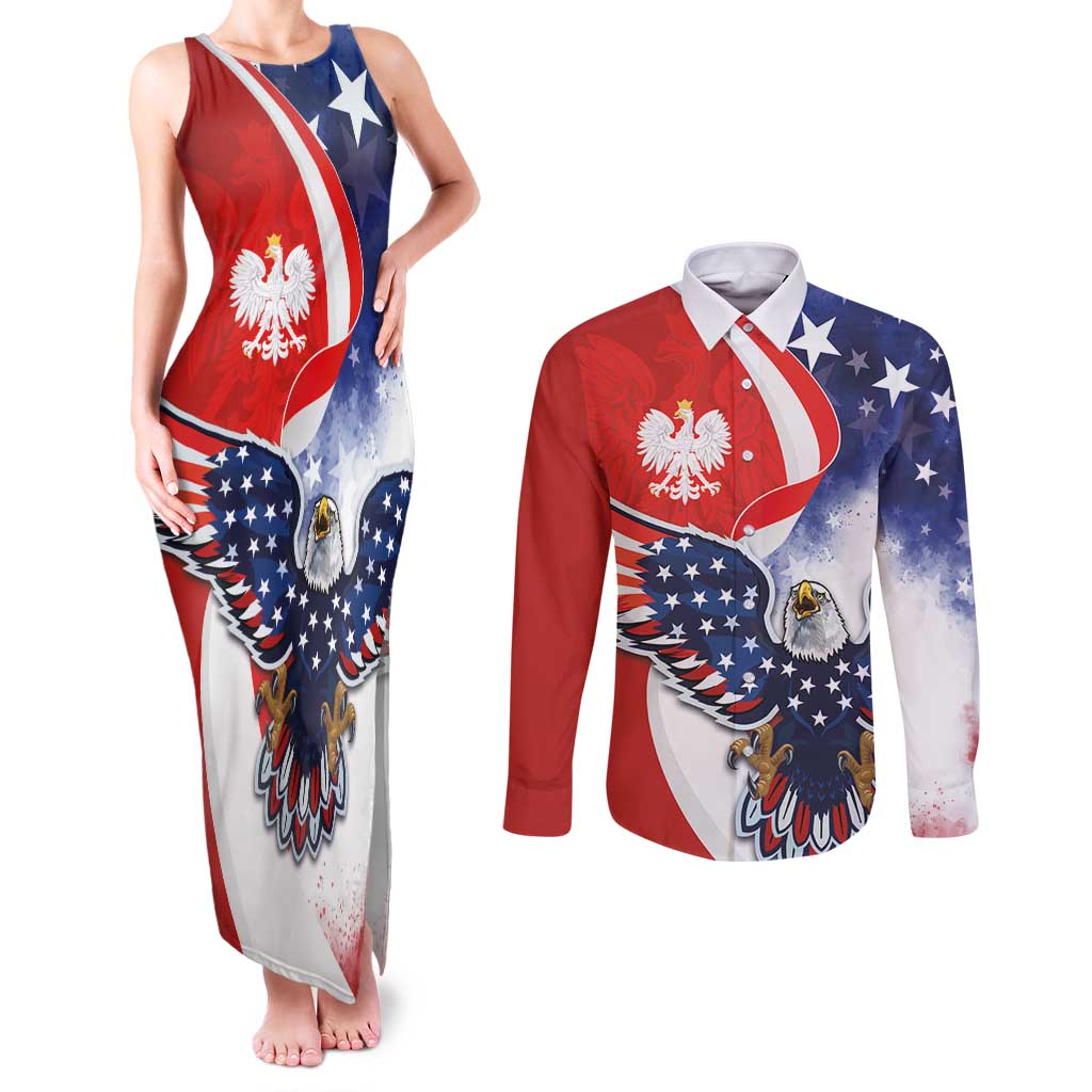 Polish American Heritage Month Couples Matching Tank Maxi Dress and Long Sleeve Button Shirt USA Eagle and Poland Eagle with National Flag - Wonder Print Shop