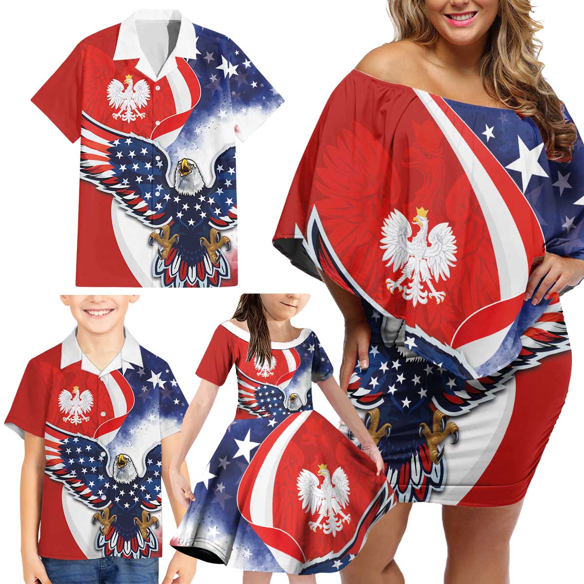 Polish American Heritage Month Family Matching Off Shoulder Short Dress and Hawaiian Shirt USA Eagle and Poland Eagle with National Flag - Wonder Print Shop