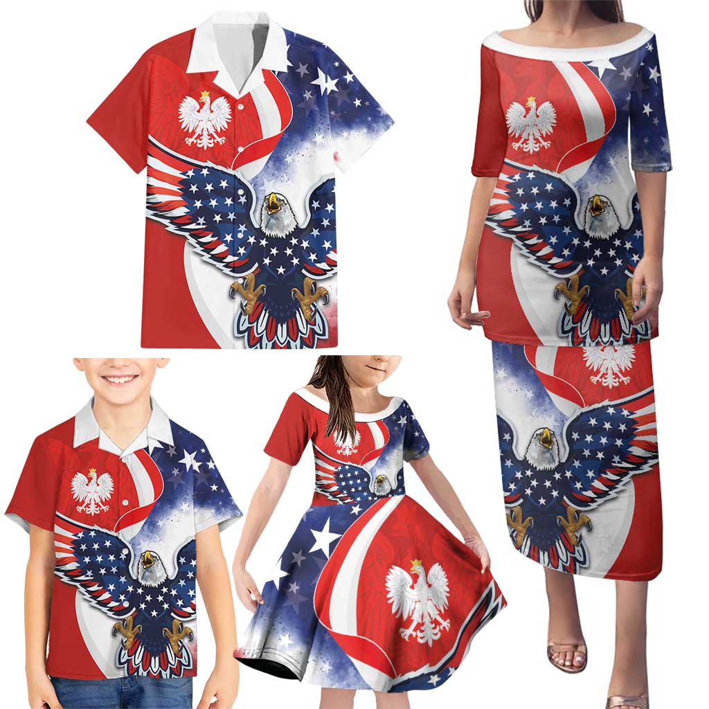 Polish American Heritage Month Family Matching Puletasi and Hawaiian Shirt USA Eagle and Poland Eagle with National Flag - Wonder Print Shop