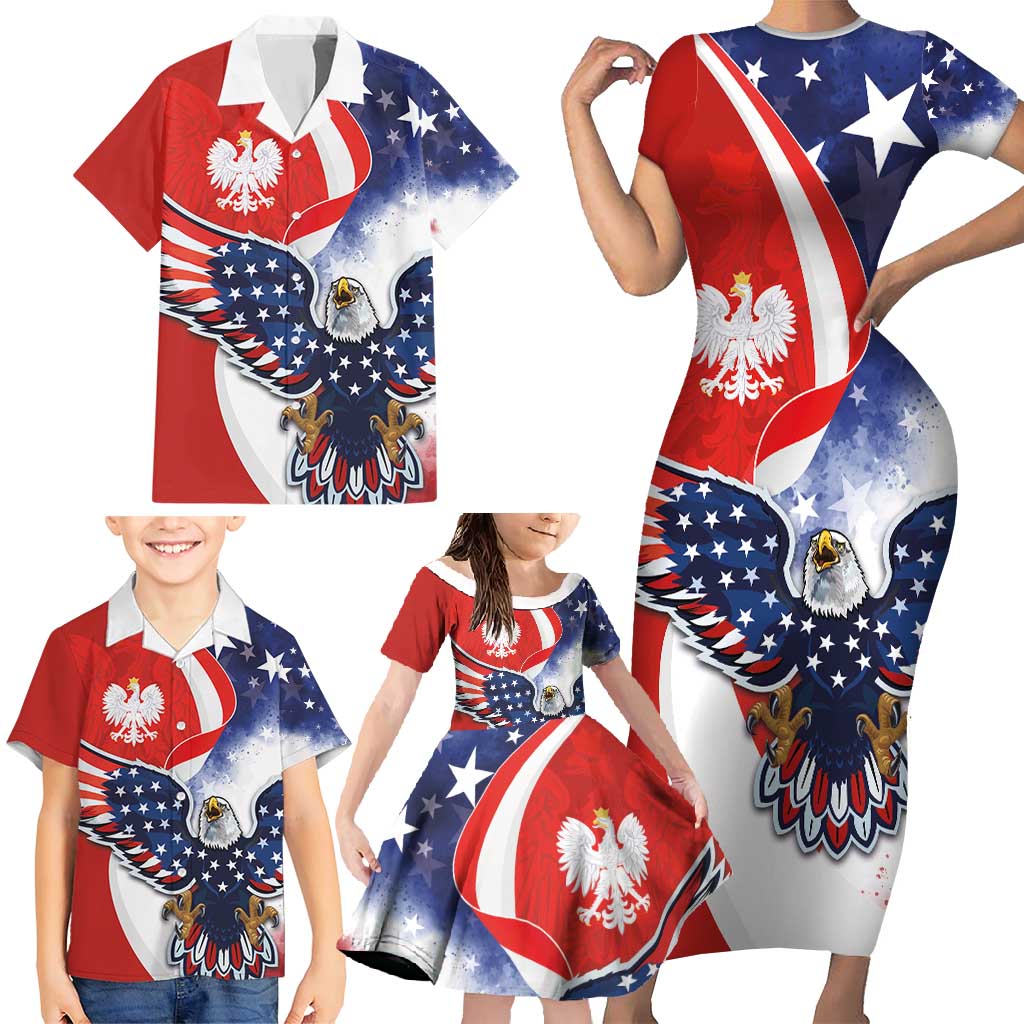 Polish American Heritage Month Family Matching Short Sleeve Bodycon Dress and Hawaiian Shirt USA Eagle and Poland Eagle with National Flag - Wonder Print Shop