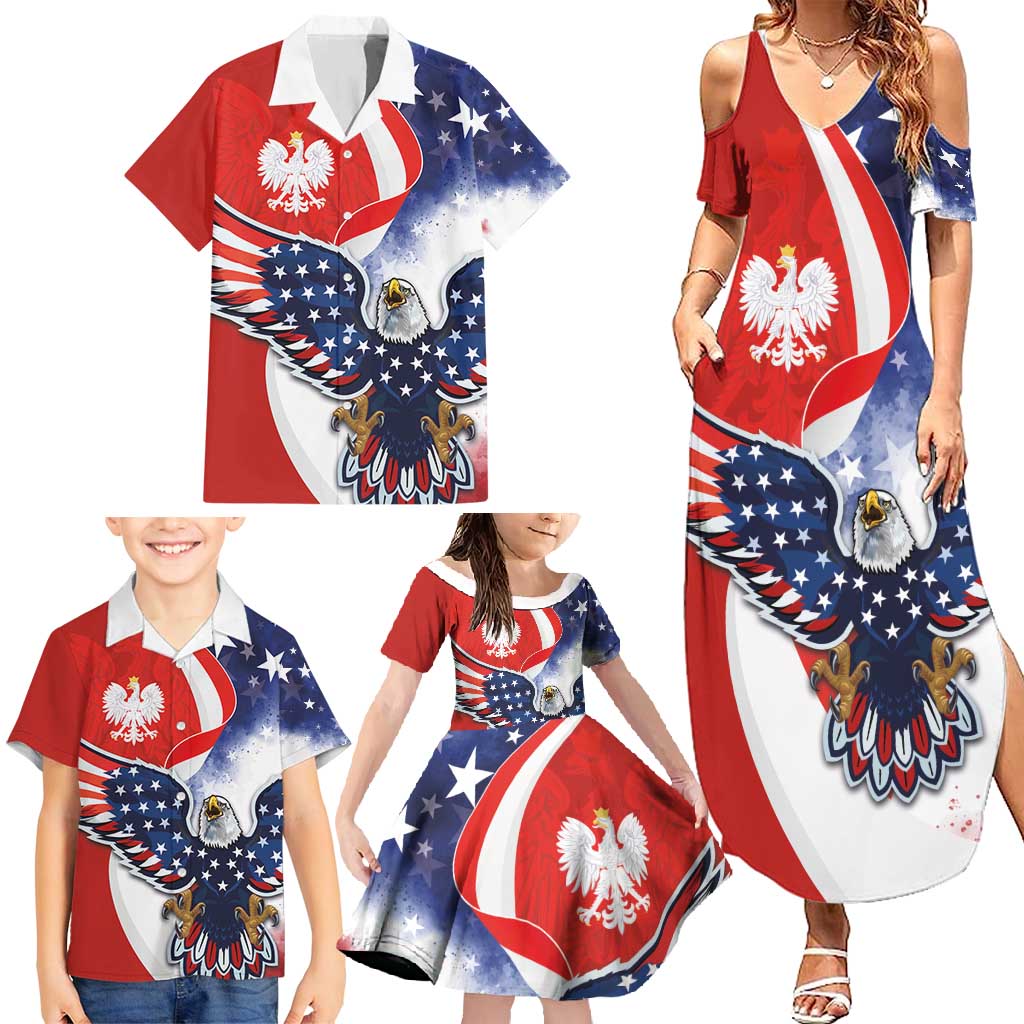 Polish American Heritage Month Family Matching Summer Maxi Dress and Hawaiian Shirt USA Eagle and Poland Eagle with National Flag - Wonder Print Shop