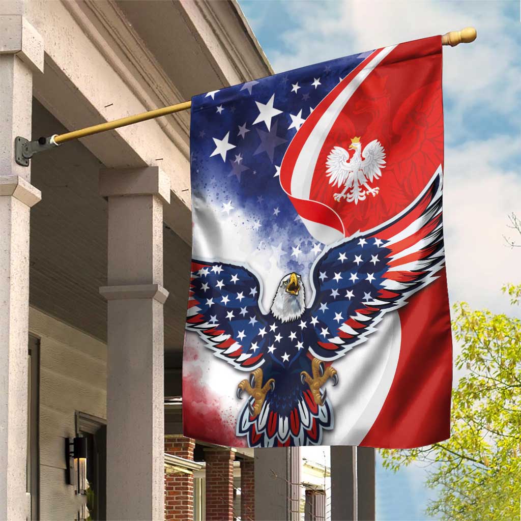 Polish American heritage garden flag with USA and Poland eagle design, red white blue
