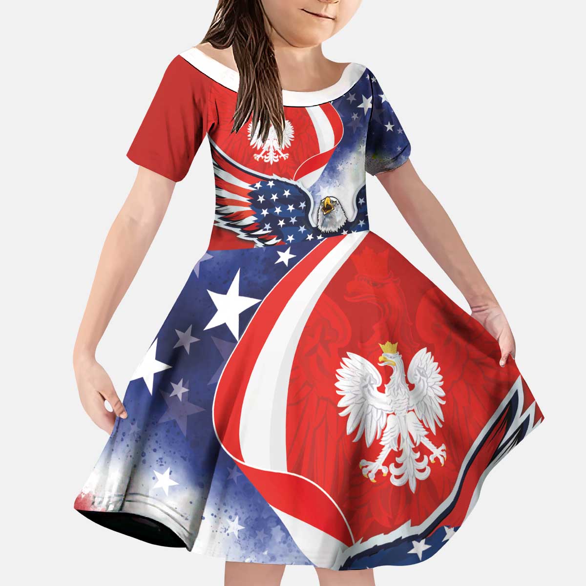 Polish American Heritage Month Kid Short Sleeve Dress USA Eagle and Poland Eagle with National Flag - Wonder Print Shop