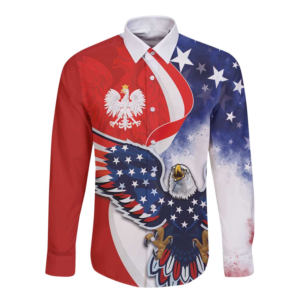 Long-sleeve button shirt with button front and collar, red and blue eagle flag print